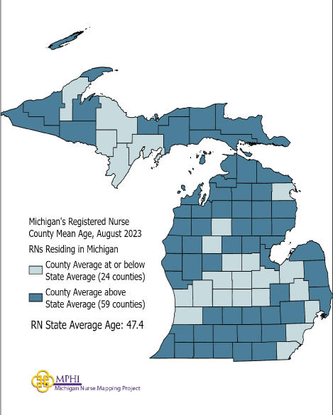 map depicting RN mean age by county in 2023